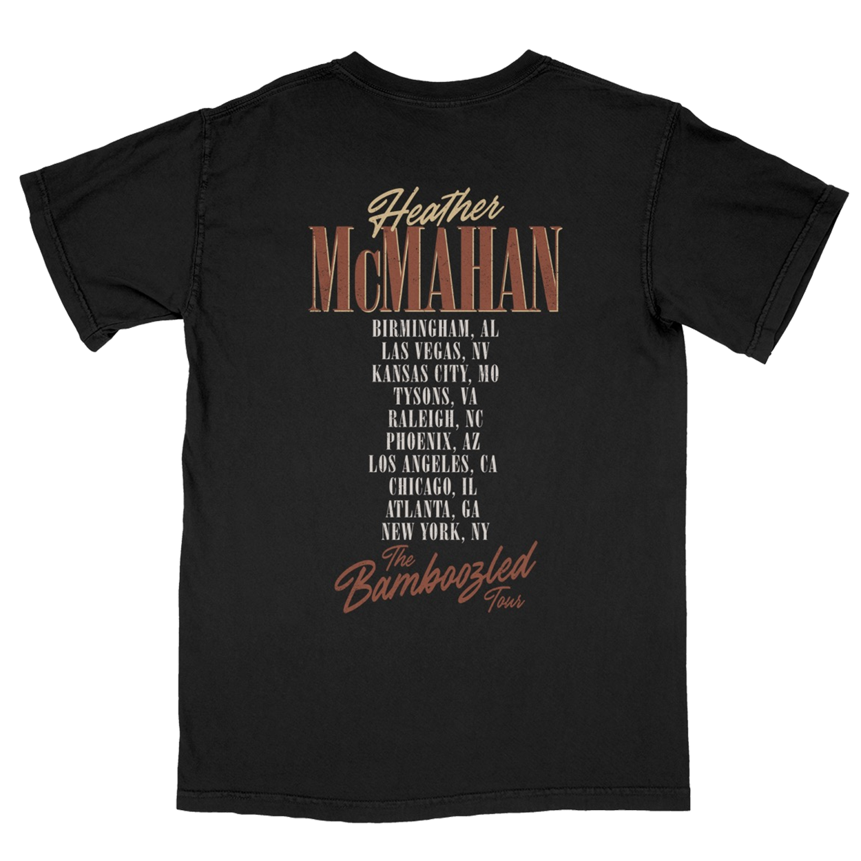Black t-shirt with Heather McMahan photo and tour details