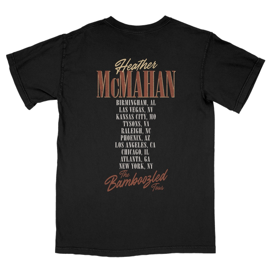 Black t-shirt with Heather McMahan photo and tour details