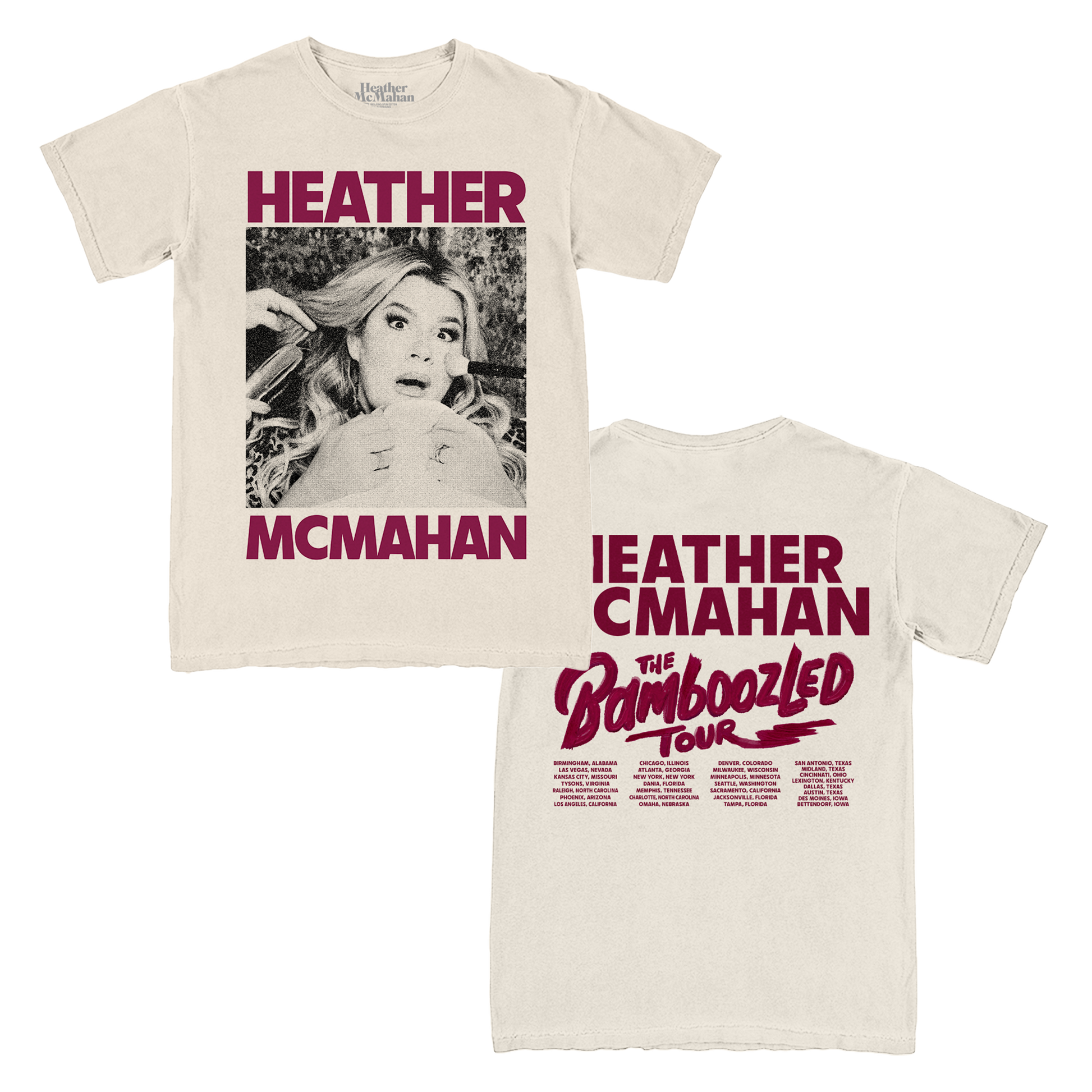 Beige t-shirt with Heather McMahan and 'The Bamboozled Tour' text and graphics.