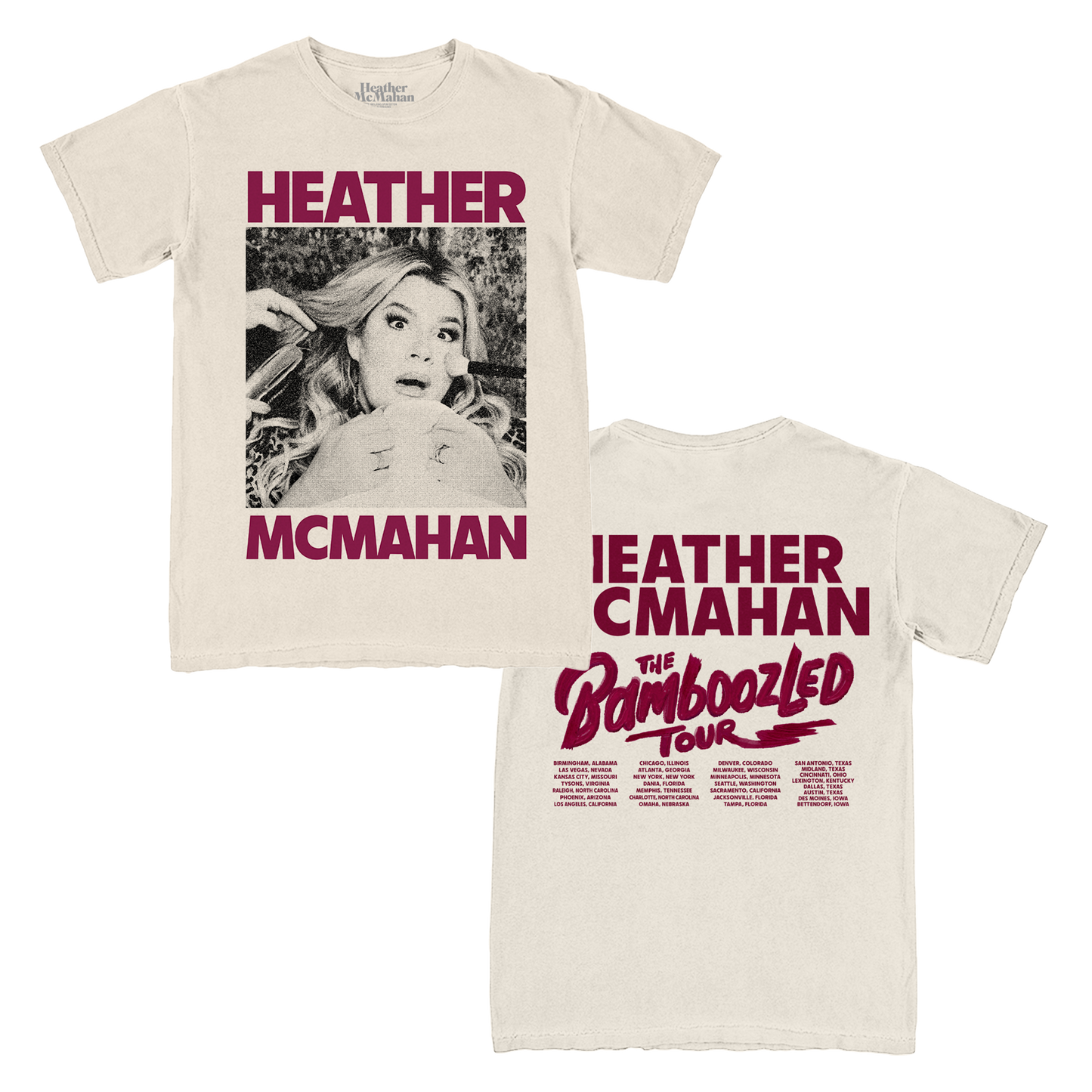 Beige t-shirt with Heather McMahan and 'The Bamboozled Tour' text and graphics.