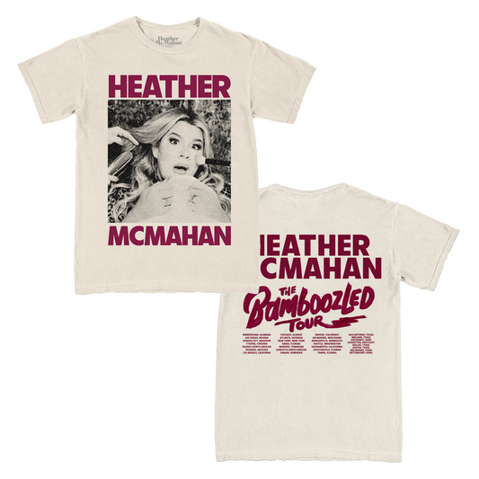 Beige t-shirt with Heather McMahan and 'The Bamboozled Tour' text and graphics.