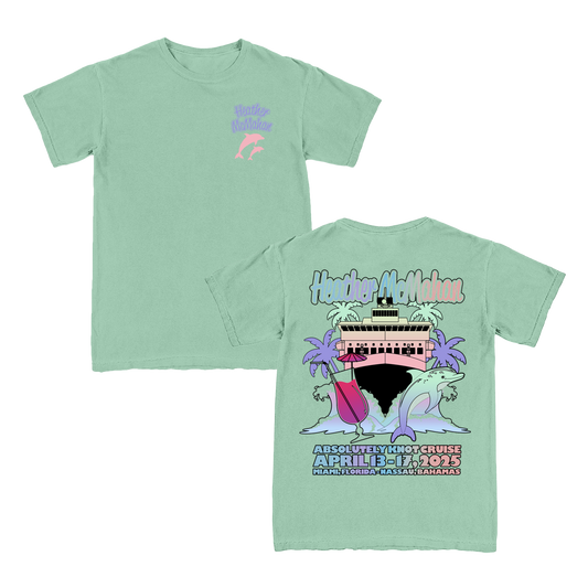 Green colored t-shirt with a graphic print on the back featuring a cruise liner and surrounding marine life.