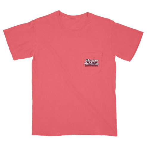 Red t-shirt with a pocket and 'Heather McMahon' text