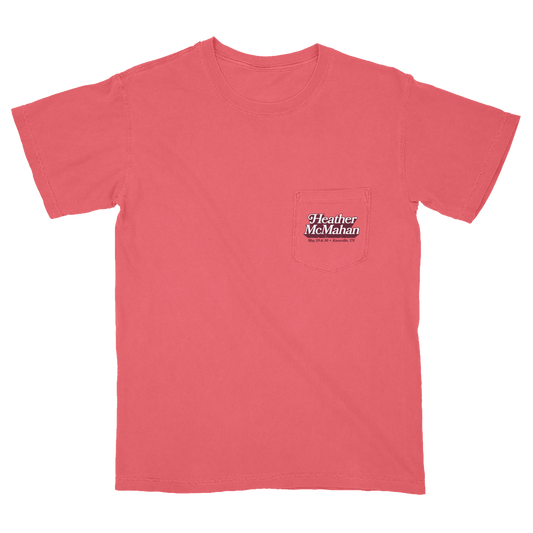 Red t-shirt with a pocket and 'Heather McMahon' text