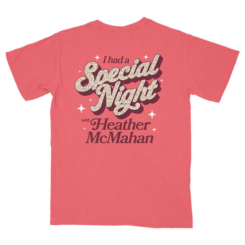 Red t-shirt with text 'I had a Special Night with Heather McMahan' 