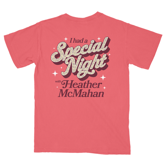 Red t-shirt with text 'I had a Special Night with Heather McMahan' 
