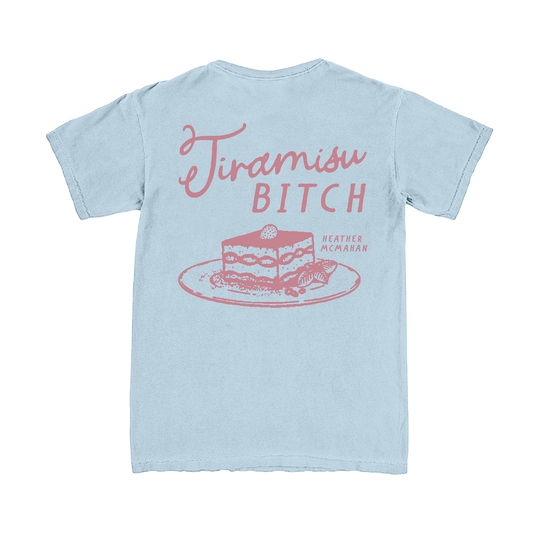 Light blue t-shirt with pink text and tiramisu illustration